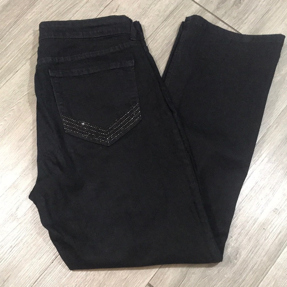 NYDJ Black Bootcut Lift Tuck Technology Rhinestone Pocket Jeans size 12